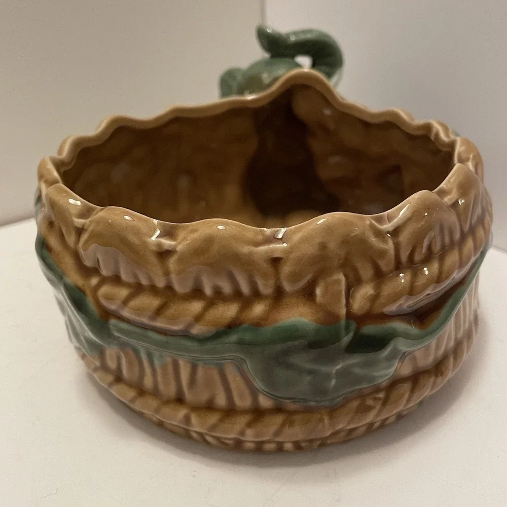 Vtg Majolica Style Elephant Planter Mother & Baby Bamboo Basket Ceramic Cachepot